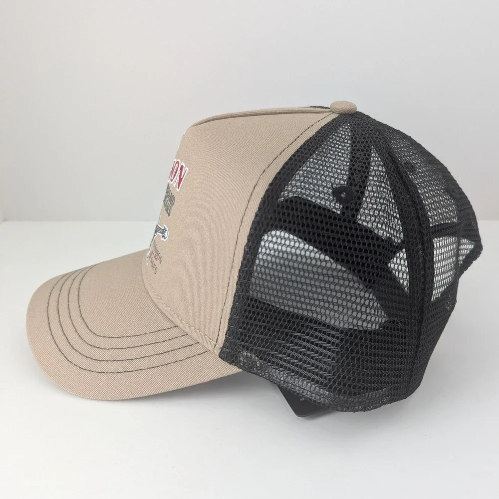 True Religion Buddha Embroidered Trucker‎ Hat Travertine Tan Black TR4241 NWT